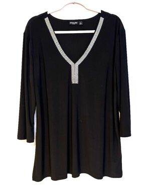 Effortless V Neck Studded Embellished Quarter Sleeve Stretch Top Black Womens L